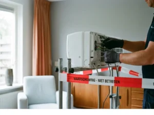 Technicus pauzeert airconditioning-installatie bij rood waarschuwingshek in Nederlandse woning met natuurlijk daglicht.