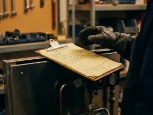 Vergeeld CO-veiligheidscertificaat op klembord bij gasketelinstallatie, technicus met handschoen op de achtergrond.