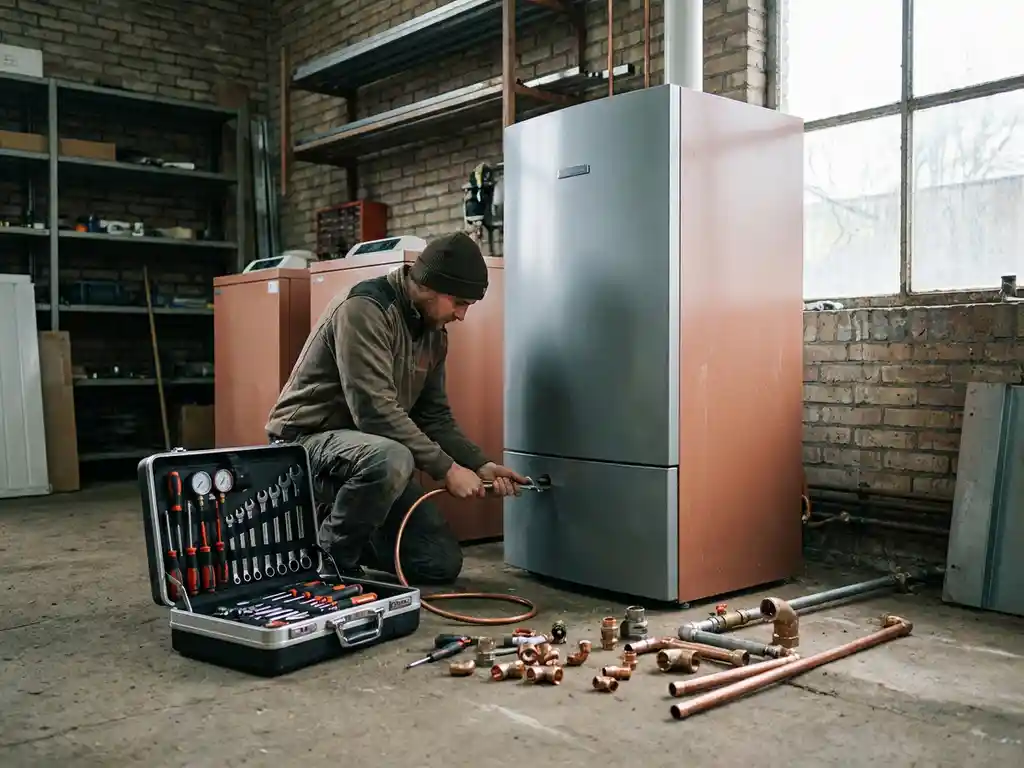 CV-monteur knielt naast een moderne cv-ketel met gasbuizen en koperen fittingen op betonnen vloer, professioneel gereedschap opengeslagen nabij.