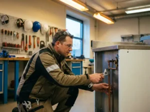 Gecertificeerde gastechnicus past koperen leidingwerk aan bij een moderne gasinstallatie in een Nederlandse technische werkplaats.
