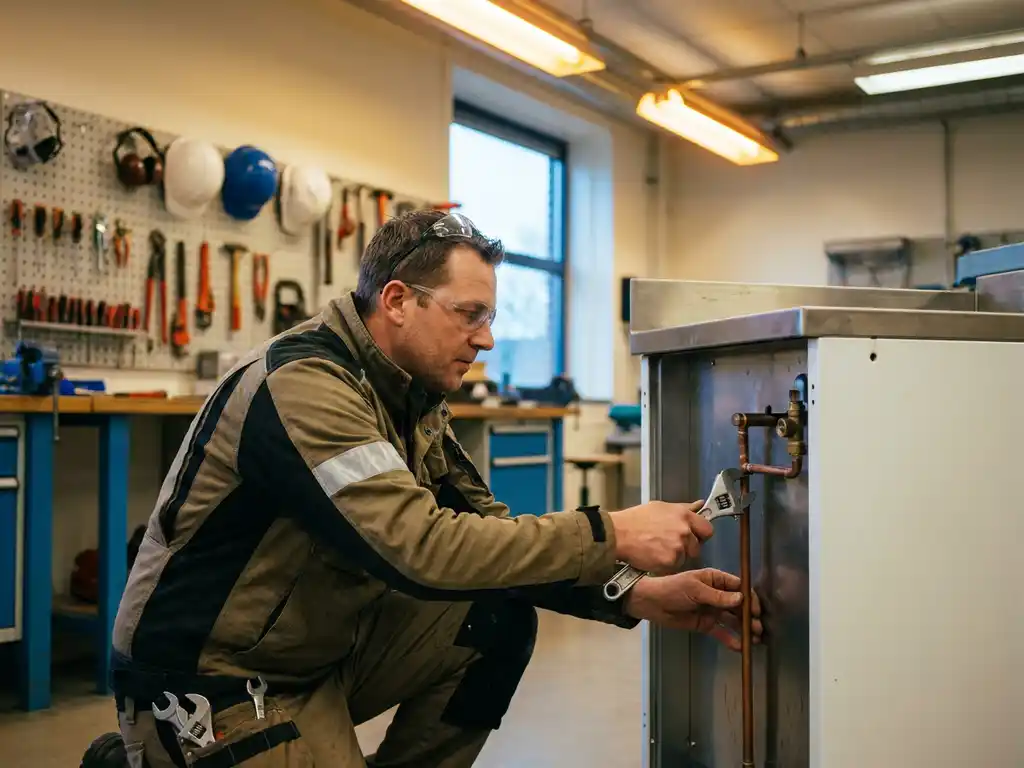 Gecertificeerde gastechnicus past koperen leidingwerk aan bij een moderne gasinstallatie in een Nederlandse technische werkplaats.