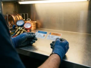 Gehandschoende handen van een koeltechnicus met twee certificeringskaarten op een werkbank, met drukmeter en koperen leidingen op de achtergrond.