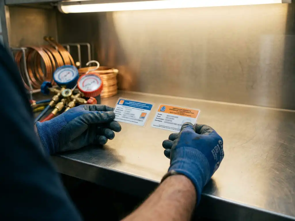 Gehandschoende handen van een koeltechnicus met twee certificeringskaarten op een werkbank, met drukmeter en koperen leidingen op de achtergrond.