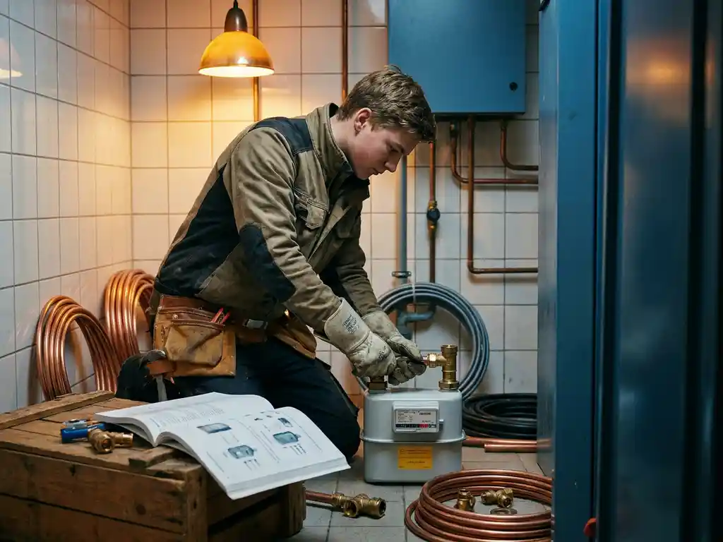 Jonge leerling-gastechnicus knielt bij koperen leidingen en sluit een gasmeter aan in een Nederlandse meterkast, veiligheidshandschoenen en gereedschapsriem zichtbaar.