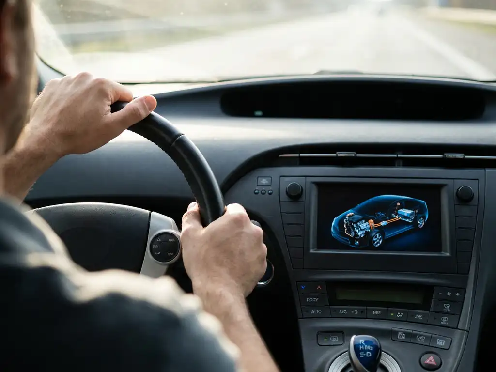Dashboard van auto met digitaal display en handen aan het stuur, zacht natuurlijk licht door voorruit, focus en precisie.
