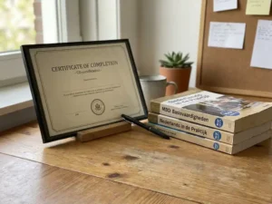 CO-certificaat op bureau met NLQF Level 2 boeken, pen en zacht daglicht door raam, fotorealistische diepte.