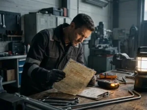 Technicus in werkkleding inspecteert verlopen CO-certificeringsdocument aan werktafel met gasdetectieapparatuur en installatiegereedschap.