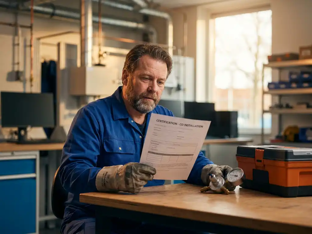 Technicus bestudeert CO-certificeringsdocument aan werktafel met gasinstallatiegereedschap en drukmeter in Nederlandse trainingslocatie.