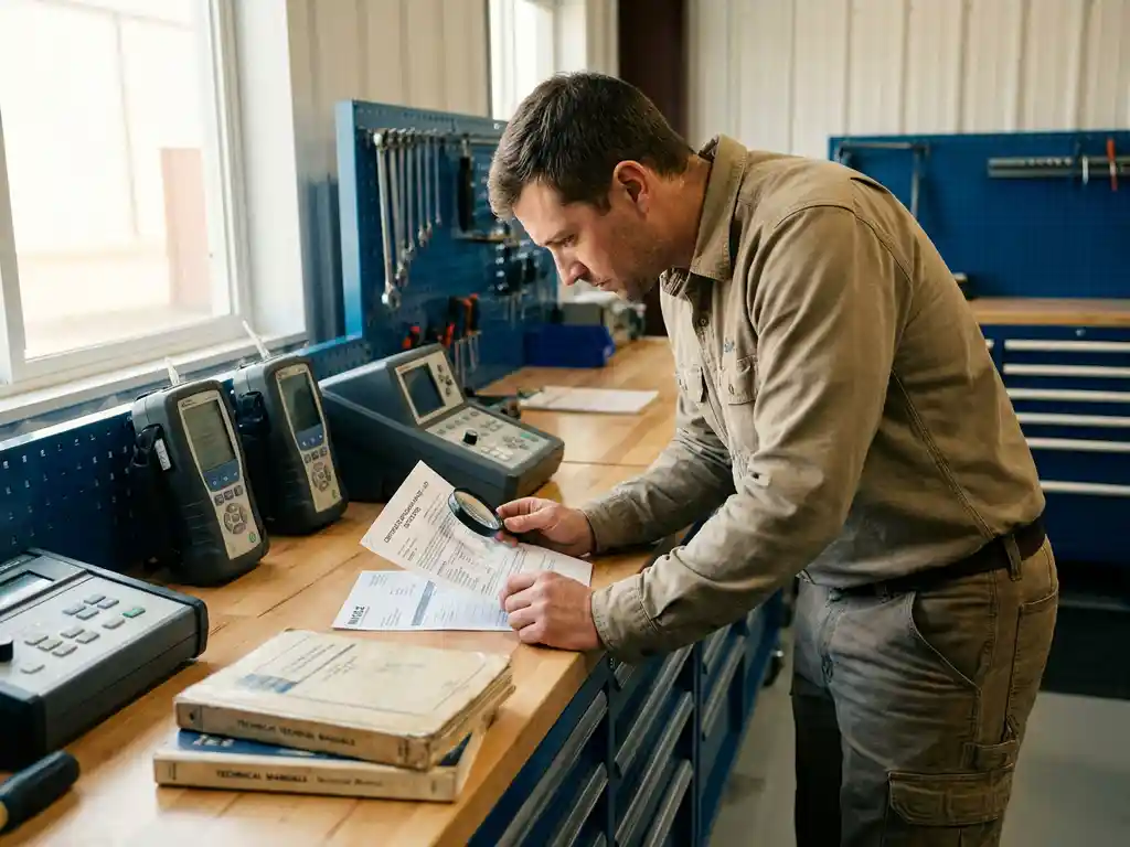 Technicus bestudeert CO-detector certificeringsdocument aan werkbank met gasdetectieapparatuur en technische handleidingen.