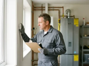 Technicus inspecteert CO-detector op witte muur in stookruimte met boiler en koperen leidingen op de achtergrond.
