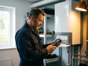 HVAC-monteur meet CO-waarden bij een wandgemonteerde cv-ketel in een moderne stookruimte met natuurlijk licht.