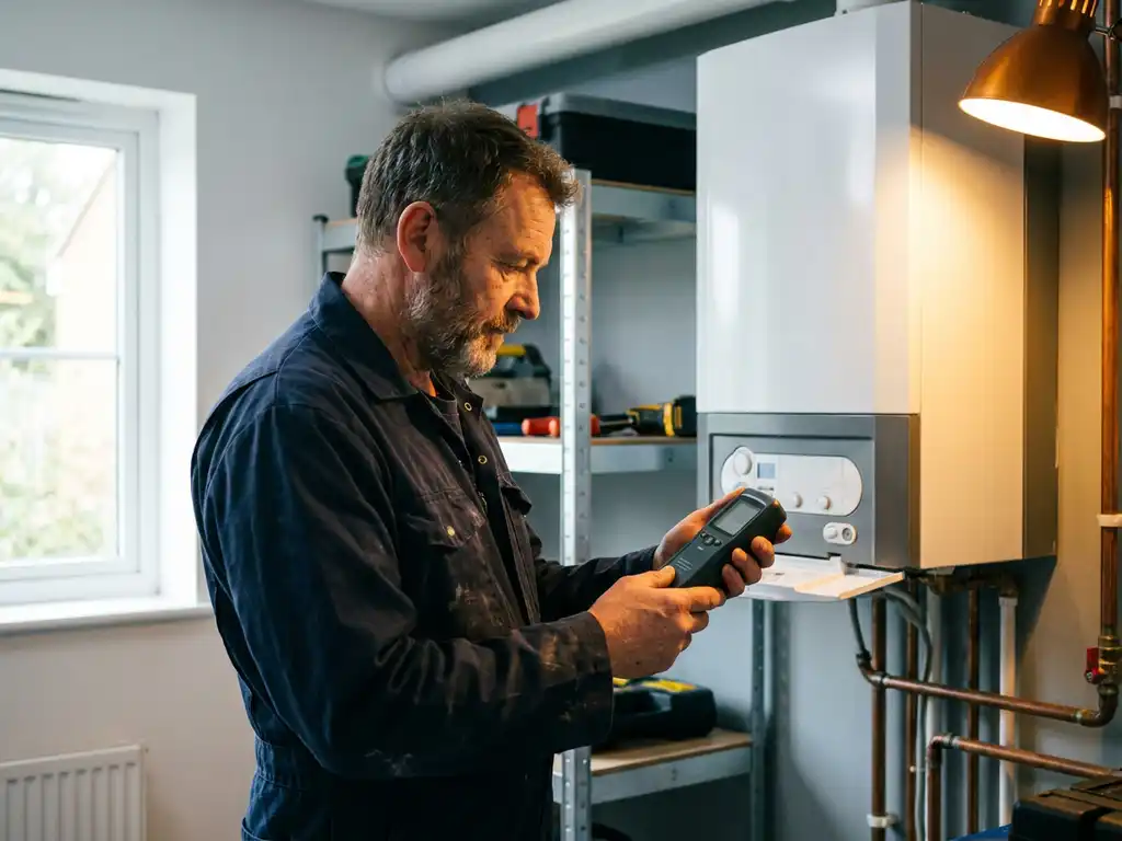 HVAC-monteur meet CO-waarden bij een wandgemonteerde cv-ketel in een moderne stookruimte met natuurlijk licht.