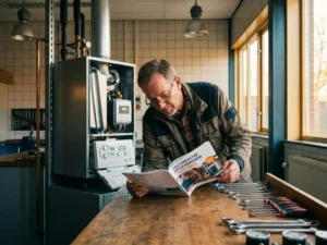 Ervaren monteur bestudeert cursusboekje naast een cv-ketel in een professioneel Nederlands trainingscentrum.