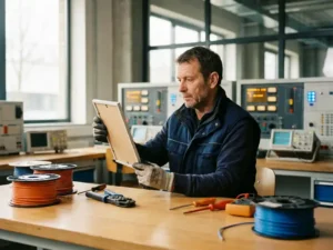 Technicus in werkkleding bestudeert certificeringsdocument aan werktafel met elektrisch installatiegereedschap en kabelcomponenten.