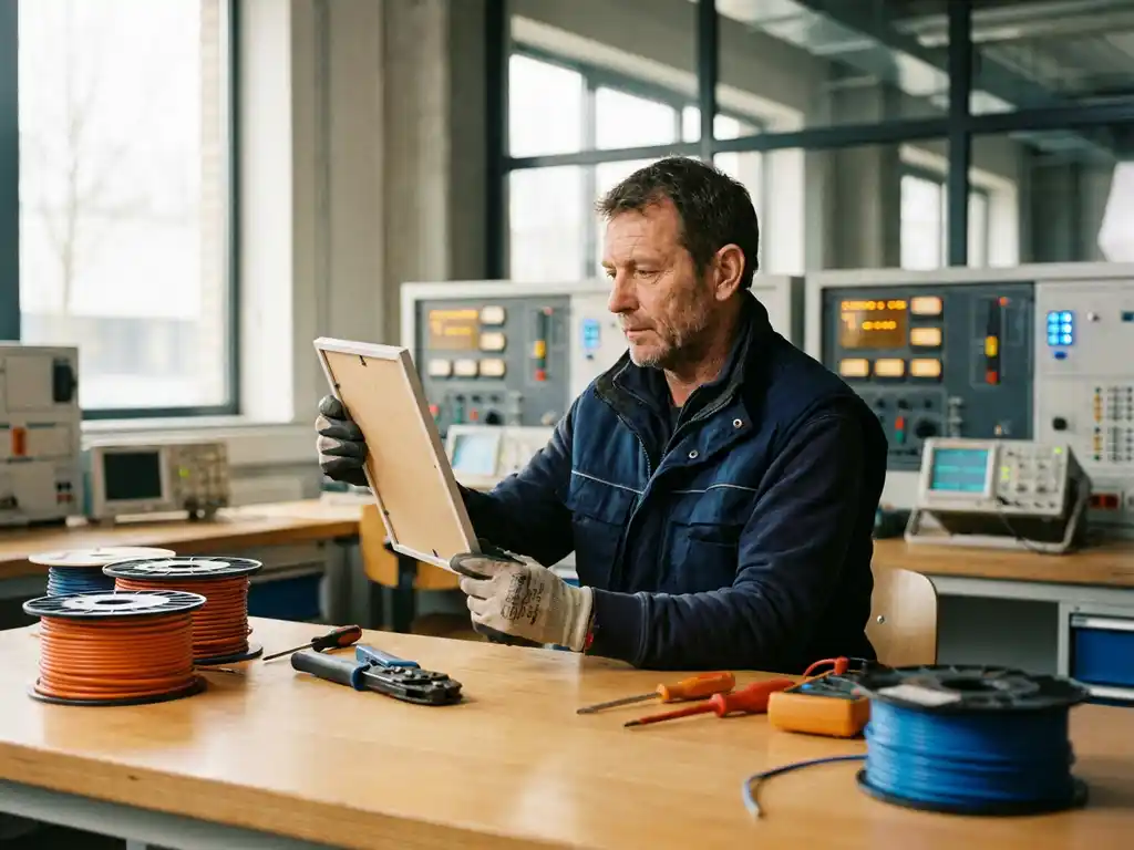 Technicus in werkkleding bestudeert certificeringsdocument aan werktafel met elektrisch installatiegereedschap en kabelcomponenten.