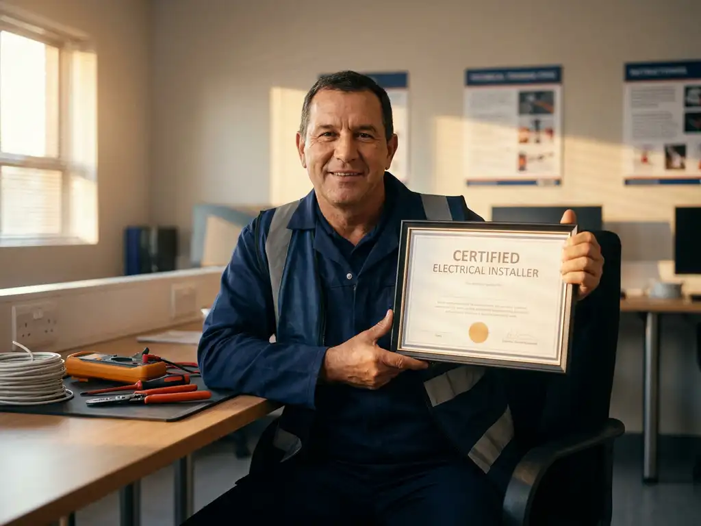Technicus in werkkleding houdt een officieel certificaat vast aan een bureau met elektrisch gereedschap en multimeter.