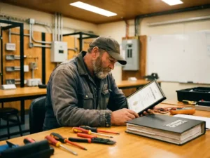 Elektricien bestudeert certificeringsdocument aan werktafel met installatiegereedschap en technische handleidingen in trainingscentrum.