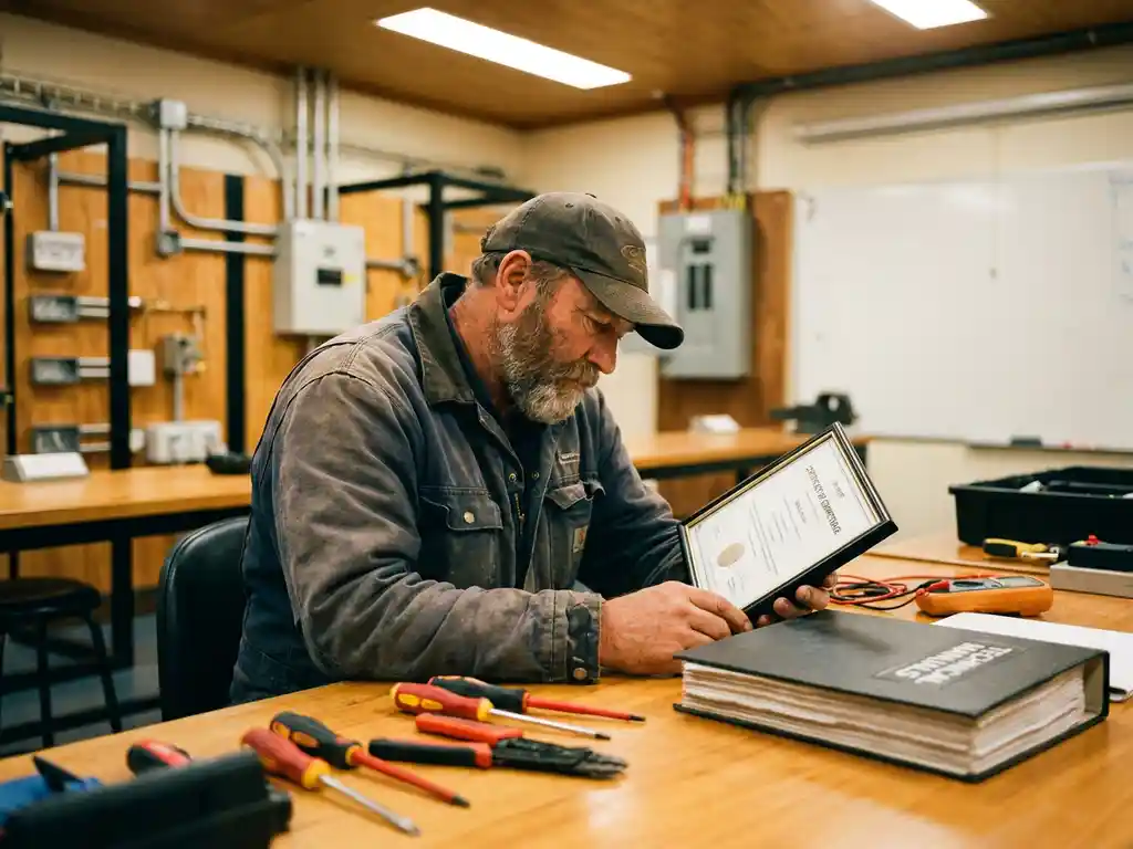 Elektricien bestudeert certificeringsdocument aan werktafel met installatiegereedschap en technische handleidingen in trainingscentrum.