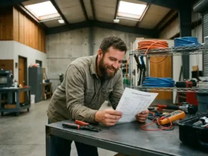 Elektricien in de dertig bestudeert loonschaal document op stalen werkbank, omringd door professioneel gereedschap in moderne trainingsworkshop.