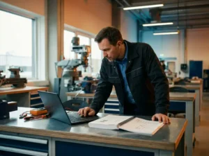 Volwassen professional bestudeert technische handleiding op laptop aan werkbank met elektrisch gereedschap in moderne trainingsruimte.
