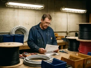 Ervaren technicus bestudeert trainingsschema aan werktafel omringd door elektrisch installatiegereedschap en kabelrollen.