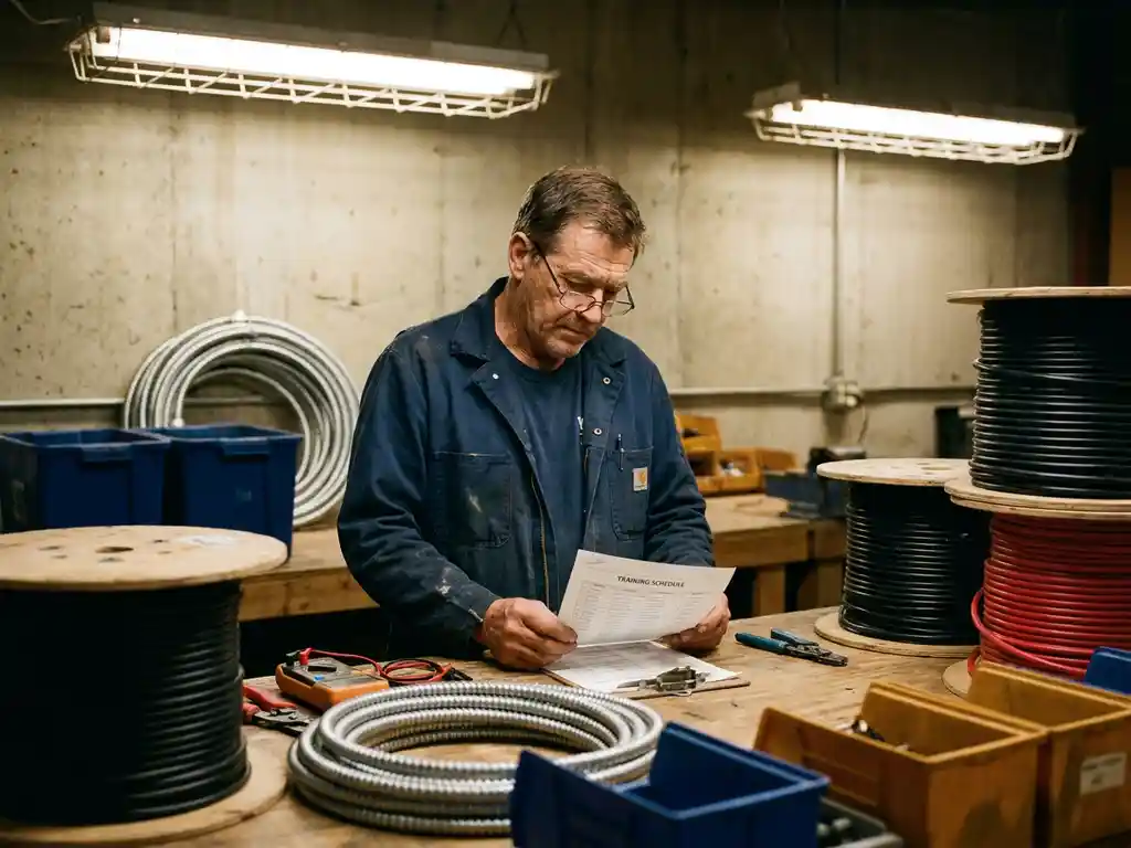 Ervaren technicus bestudeert trainingsschema aan werktafel omringd door elektrisch installatiegereedschap en kabelrollen.