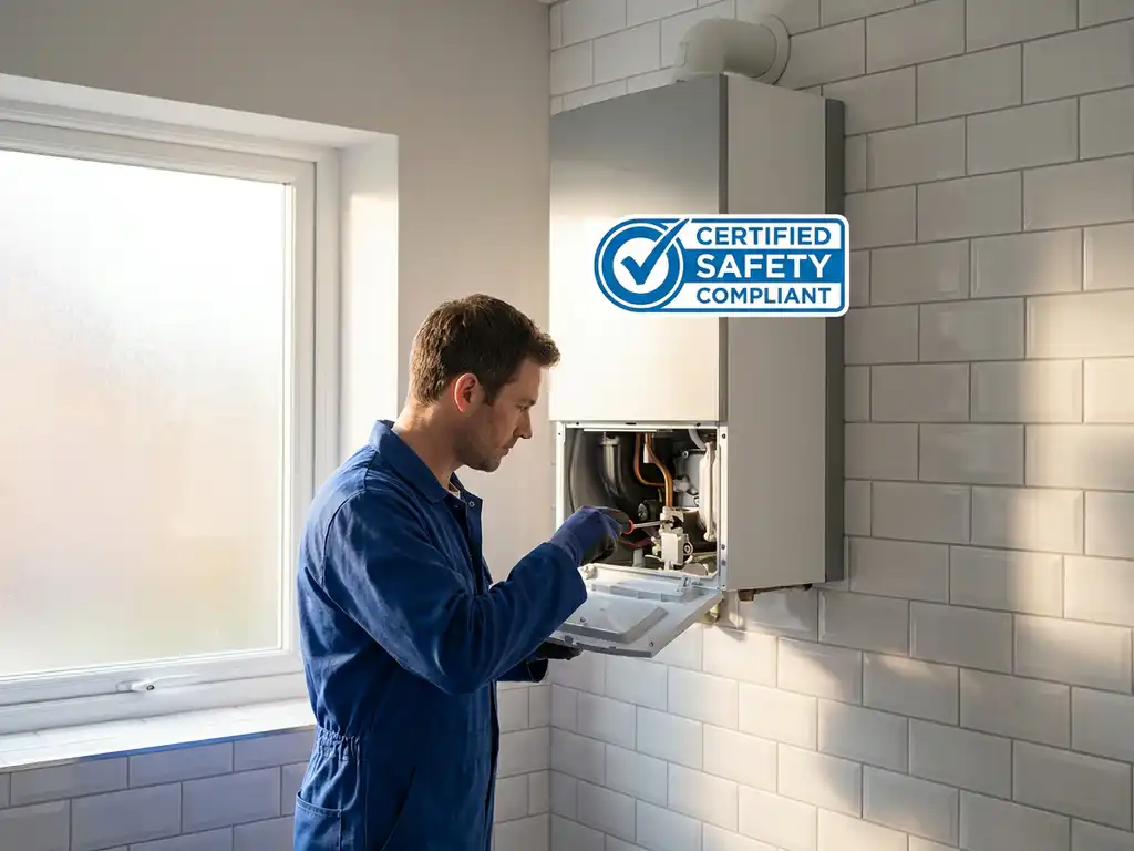 Technicus inspecteert moderne gasboiler met certificeringsbadge, witte tegels, zacht licht, benadrukt belang van certificering.