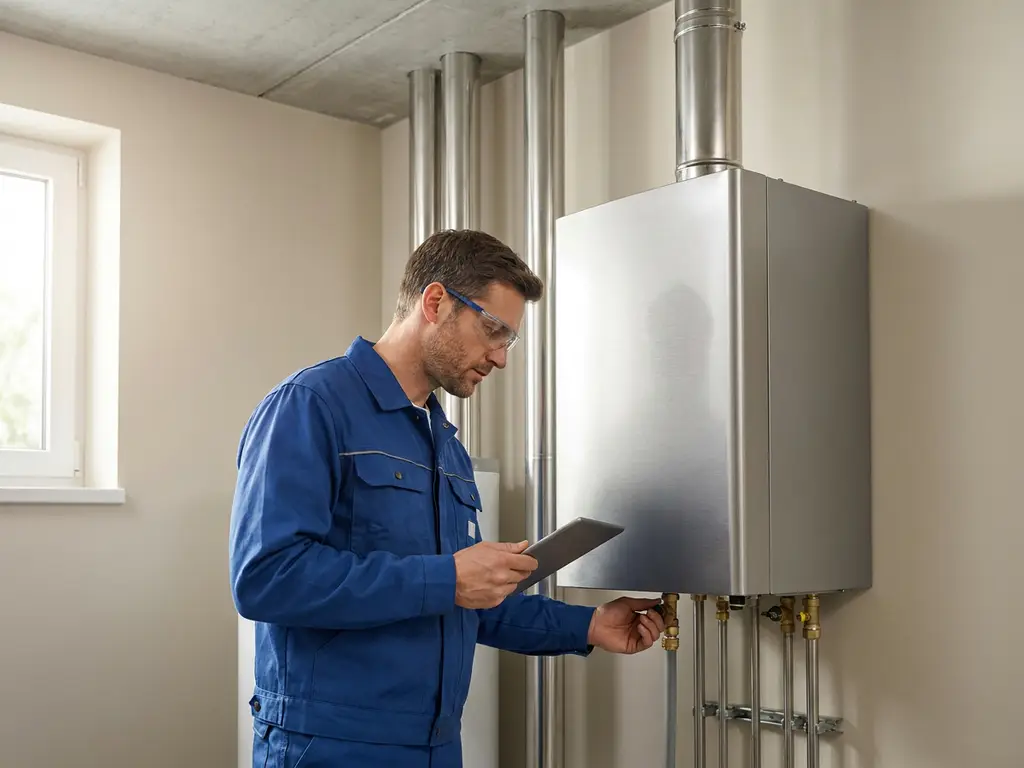Moderne gasboiler met zichtbare uitlaatpijpen, technicus in blauw uniform inspecteert verbindingen in goed verlichte bijkeuken.