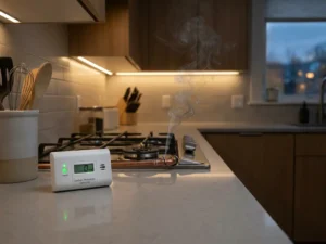 Gasfornuis met barst in pijp en rook, CO-detector op aanrecht, moderne keuken, zachte verlichting, gedetailleerd en realistisch.