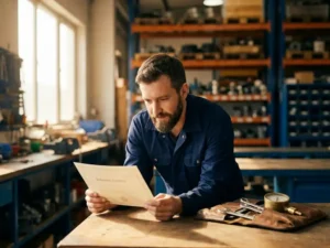 Mannelijke technicus bestudeert gascertificering aan werkbank met drukmeter en gereedschap in industriële werkplaats.