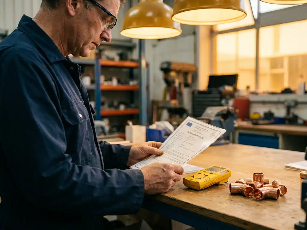 Technicus bestudeert certificeringsdocument aan werkbank met gele gasdetector en koperen fittingen in professionele werkplaats.