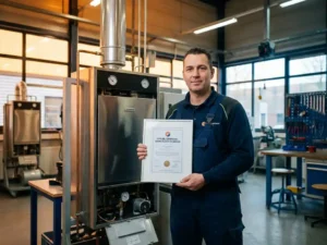 Technicus in werkkleding houdt certificeringsdocument vast naast gasinstallatie in Nederlandse technische werkplaats.