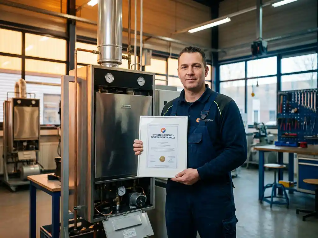 Technicus in werkkleding houdt certificeringsdocument vast naast gasinstallatie in Nederlandse technische werkplaats.