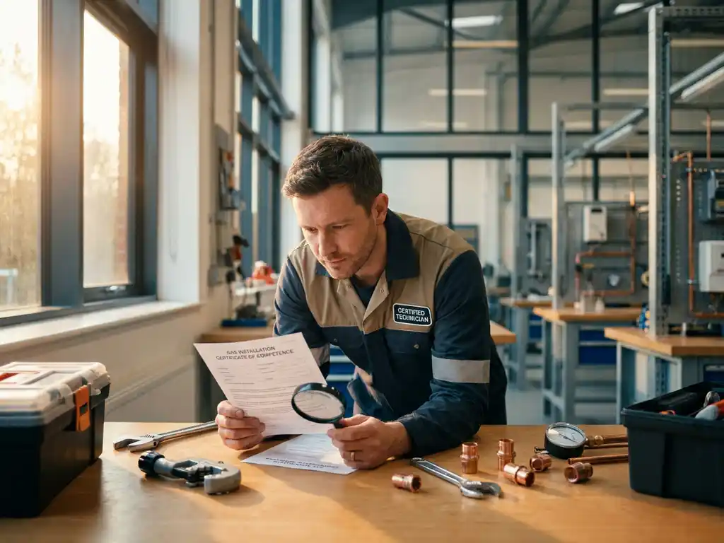 Mannelijke technicus bestudeert gascertificering aan werktafel met koperen fittingen en installatiegereedschap in professionele trainingsruimte.