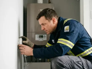Gecertificeerde gastechnicus inspecteert CO-detector op witte muur in moderne stookruimte met gasketel op de achtergrond.