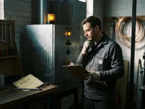 Mannelijke technicus bij gasinstallatiepaneel met verlopen certificeringsdocument op werkbank, koperen leidingen op de achtergrond.