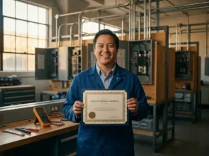 Vakman houdt gecertificeerd installateursdiploma vast in moderne technische trainingsworkshop met elektrische panelen op achtergrond.