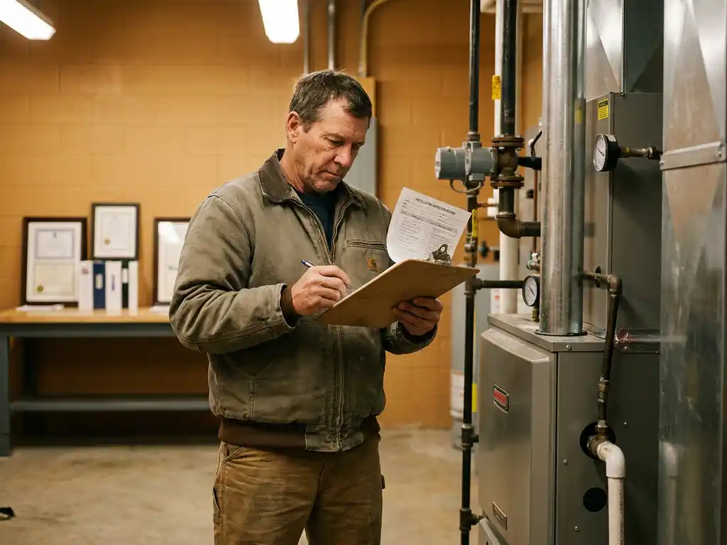 Technicus controleert inspectiechecklist op klembord naast moderne gasinstallatie in industriële technische ruimte.