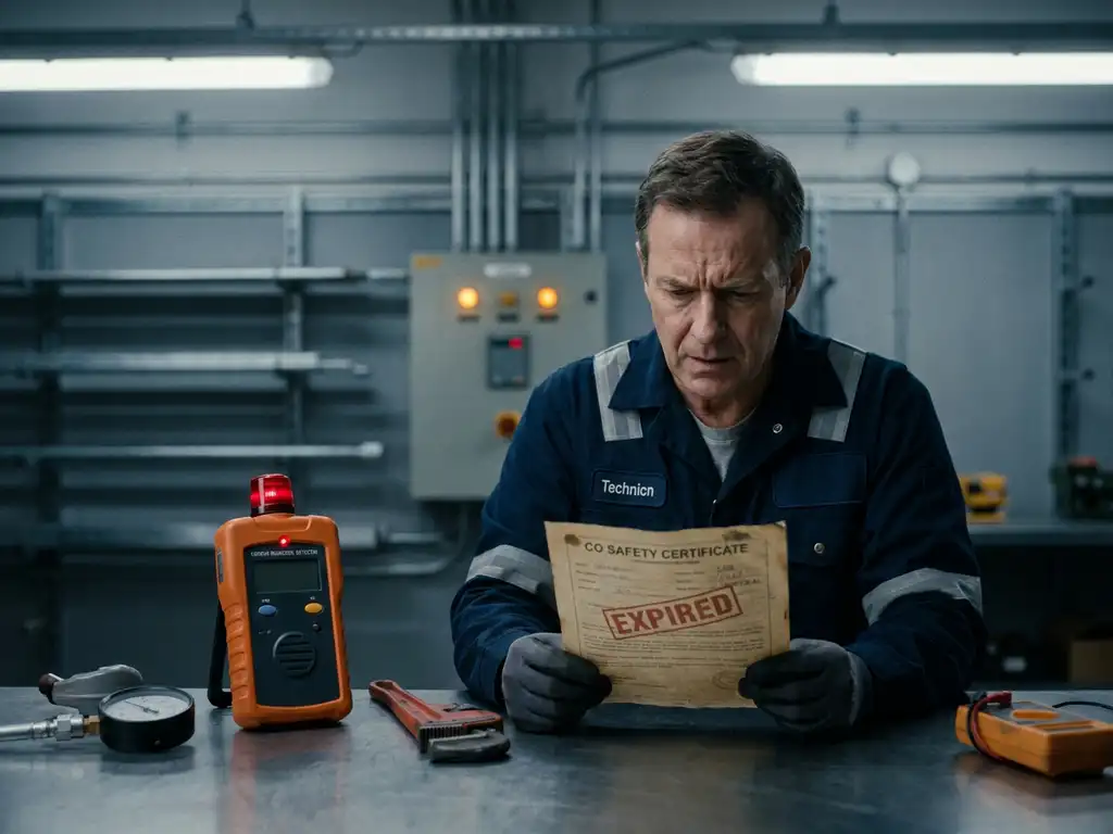 Gastechnicus in werkkleding inspecteert verlopen CO-certificaat aan industriële werkbank met koolmonoxidemelder en gasgereedschap.