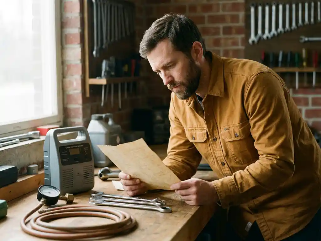 Mannelijke monteur in zijn 30s bestudeert CO-veiligheidscertificaat aan werktafel met koolmonoxidemelder en gasinstallatiegereedschap.