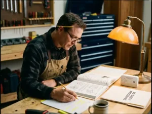 Professional bestudeert CO-veiligheidshandleidingen aan werktafel met koolmonoxidemelder, gele potlood en aantekeningen onder bureaulamp.
