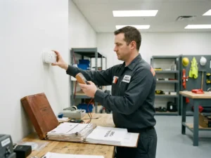 Technicus in werkkleding inspecteert koolmonoxidemelder op witte muur, certificeringsdocumenten op werkbank op de voorgrond.