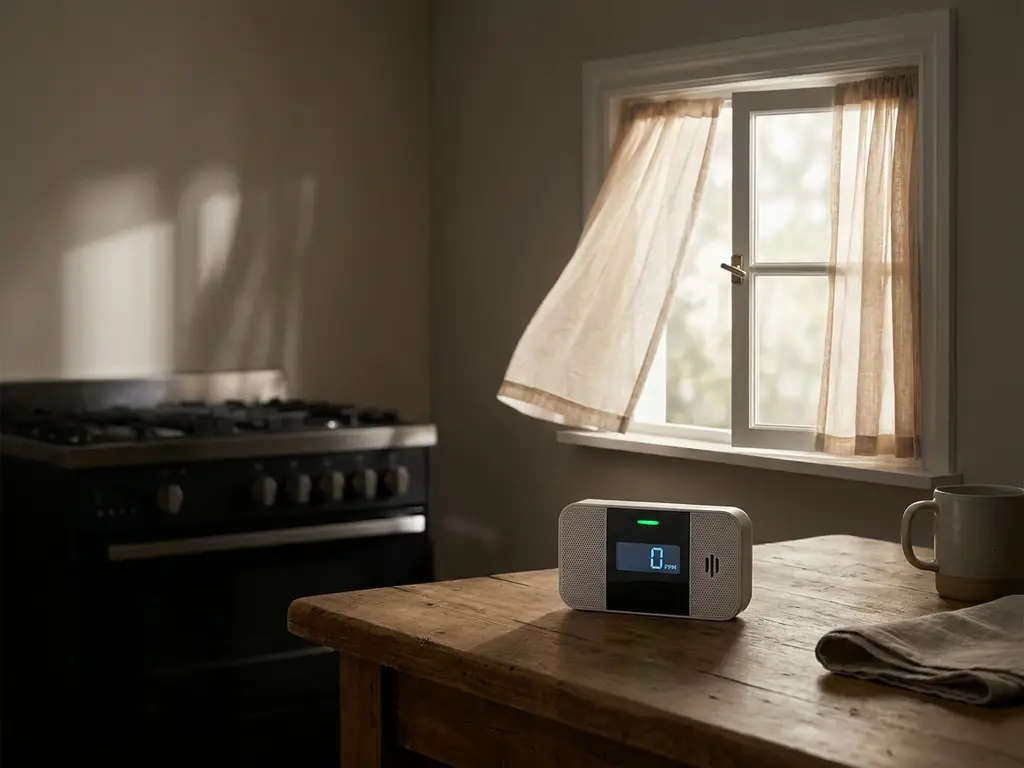 Koolmonoxidemelder op houten keukentafel, naast open raam met briesje, schaduw van gasfornuis op achtergrond, zacht natuurlijk licht.