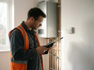 Technicus inspecteert CO-detector op witte muur in moderne stookruimte met gasketel en koperen leidingen op de achtergrond.