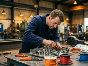 Mannelijke technicus assembleert mechatronisch bedieningspaneel op stalen werkbank met precisiegereedschap en bedrading in industriële werkplaats.