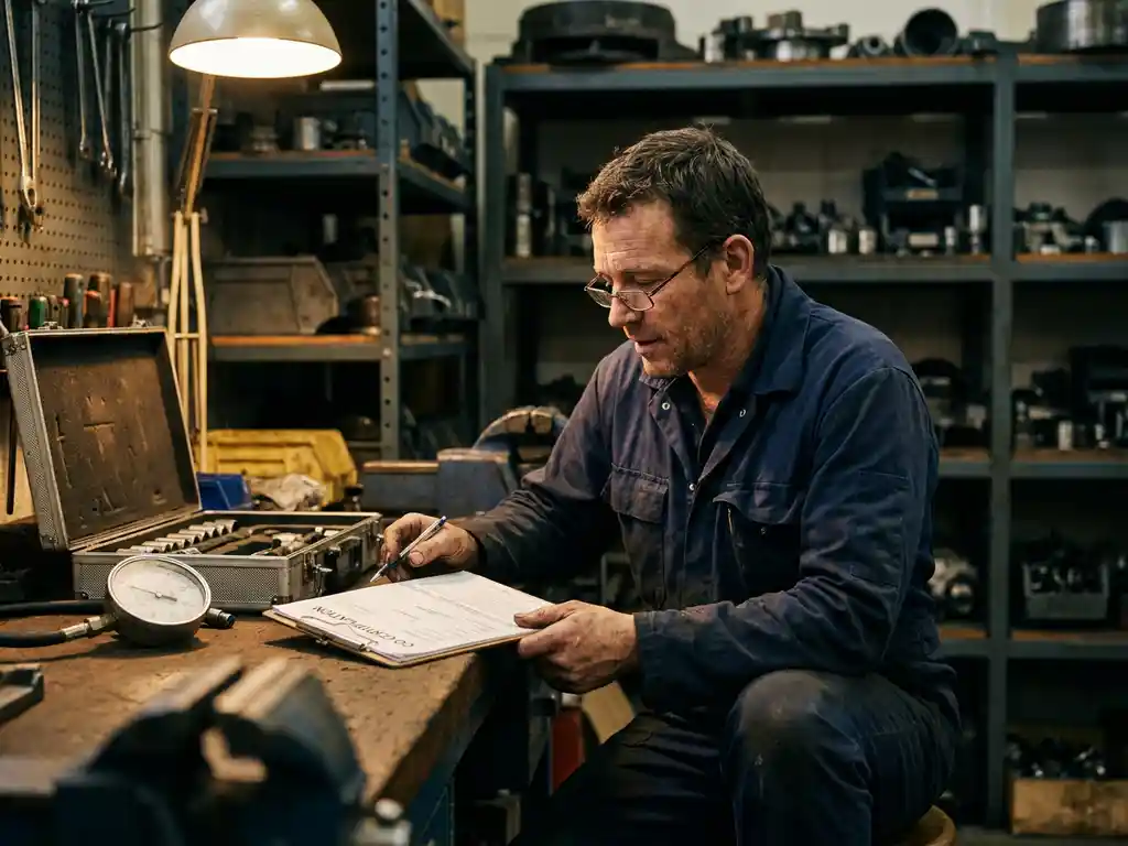 Technicus bestudeert CO-certificeringsdocument aan werkbank met gasinstallatiegereedschap en drukmeter in industriële werkplaats.