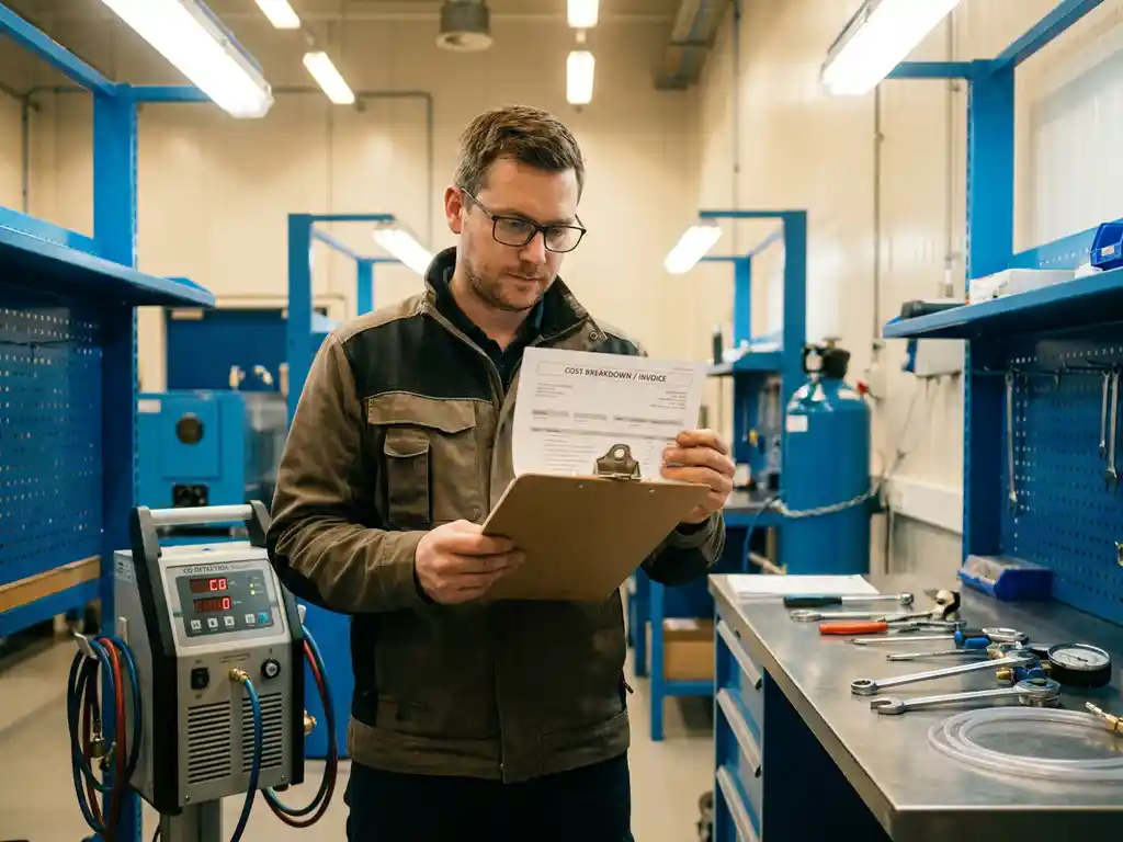 Technicus bekijkt kostenoverzicht op klembord naast CO-detectietestapparatuur in technische werkplaats.