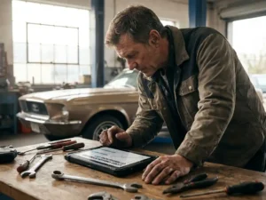Monteur onderzoekt tablet met CO-regels, omringd door gereedschap in werkplaats, vintage auto op achtergrond, natuurlijk licht.