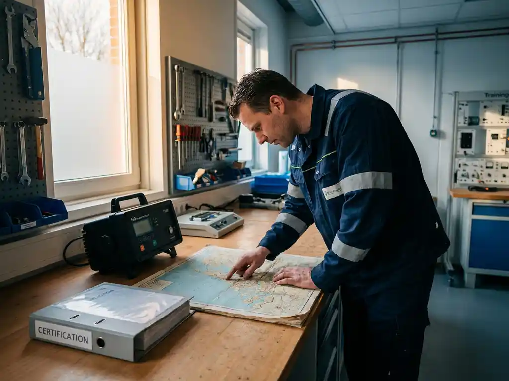 Technicus bestudeert regionale kaart van Nederland op werktafel met CO-gasdetector en certificeringsmap ernaast.