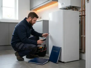 Technicus inspecteert staande gasketel in moderne stookruimte met meetinstrument, certificeringsmap op de vloer.